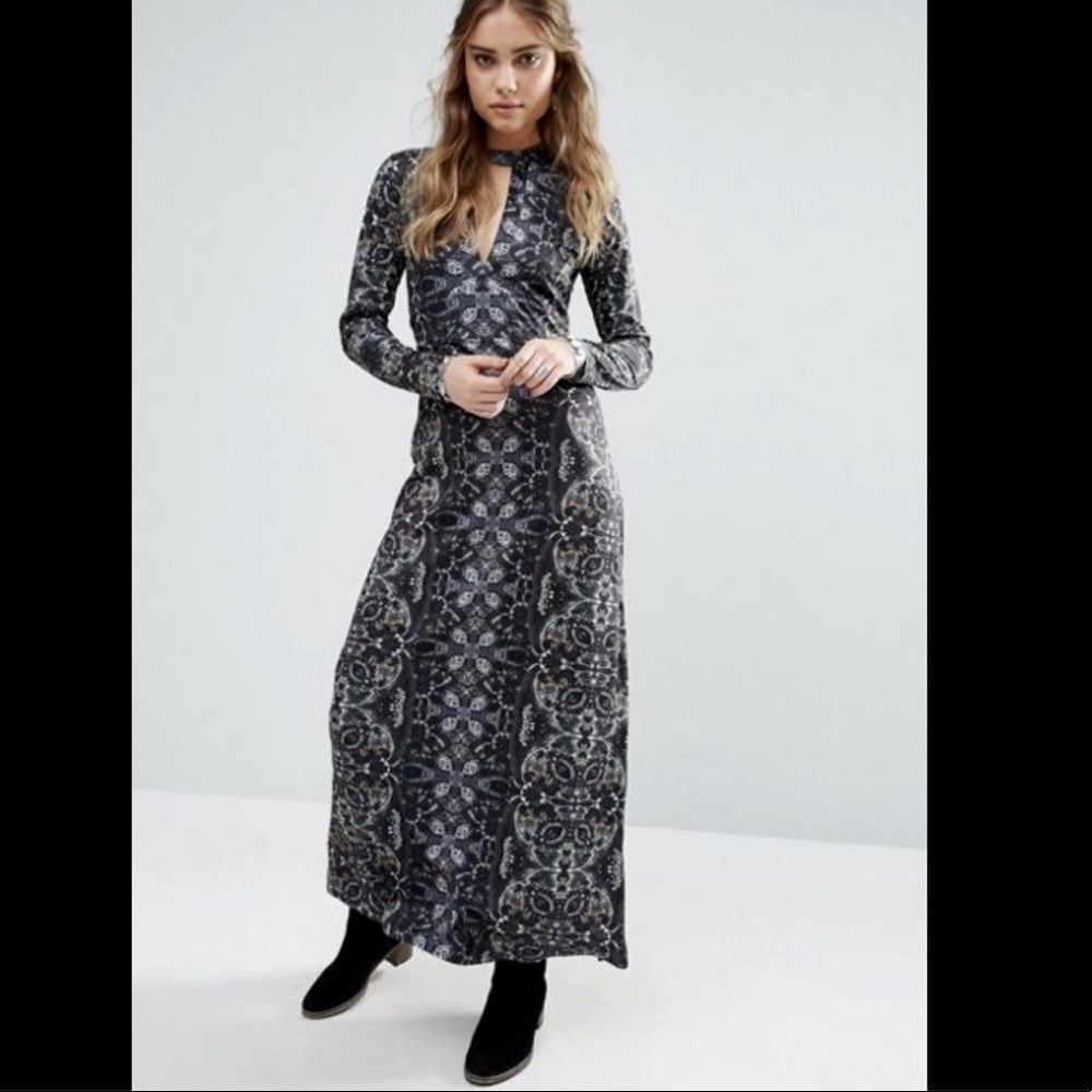 Free People Cabaret Plunge Maxi Dress Muted Printed Silky Fabric XS - Picture 3 of 6